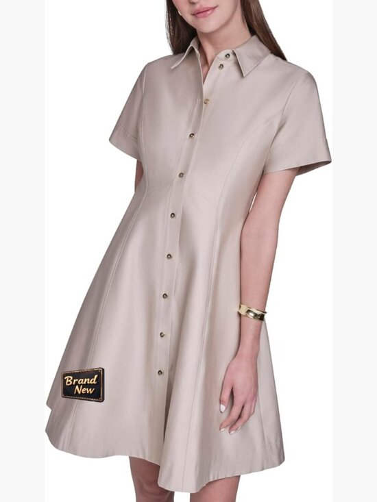 Dresses & Skirts - Short Sleeve Button Up Cotton Sateen Shirt Dress Midi Knee-Length